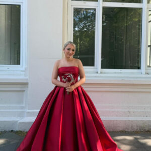 Deep Red Satin Strapless Ball Gown