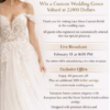 Sugar Land TX Custom Wedding Dress - Graphic giveaway flyer featuring a bride in an off-the-shoulder lace gown with floral appliqué.