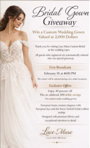 Sugar Land TX Custom Wedding Dress - Graphic giveaway flyer featuring a bride in an off-the-shoulder lace gown with floral appliqué.